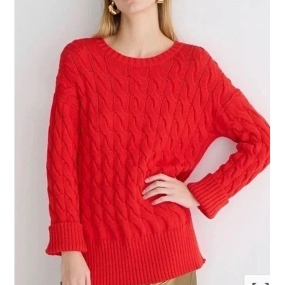 J.Crew Womens Red Cable-Knit Side-Slit Crewneck‎ Sweater BM401 L-XL NEW